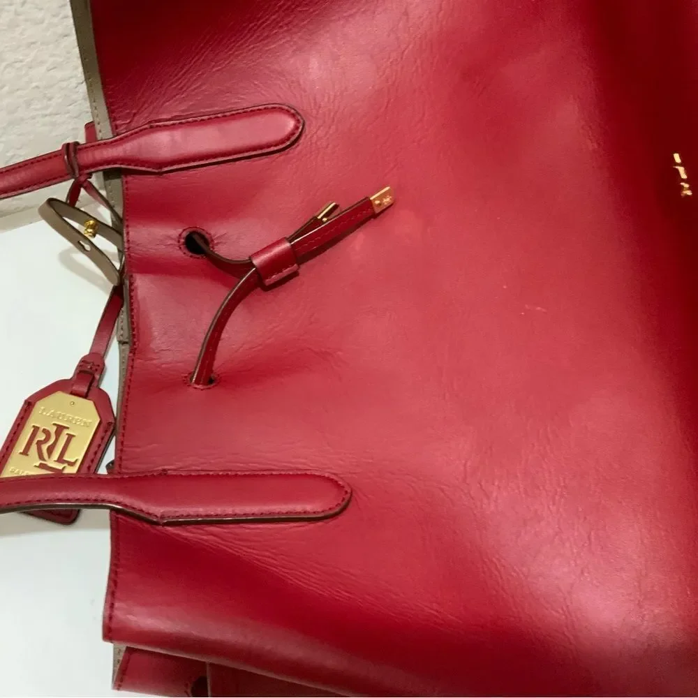 Ralph Lauren Red Leather Tote drawstring open top - Picture 8 of 11